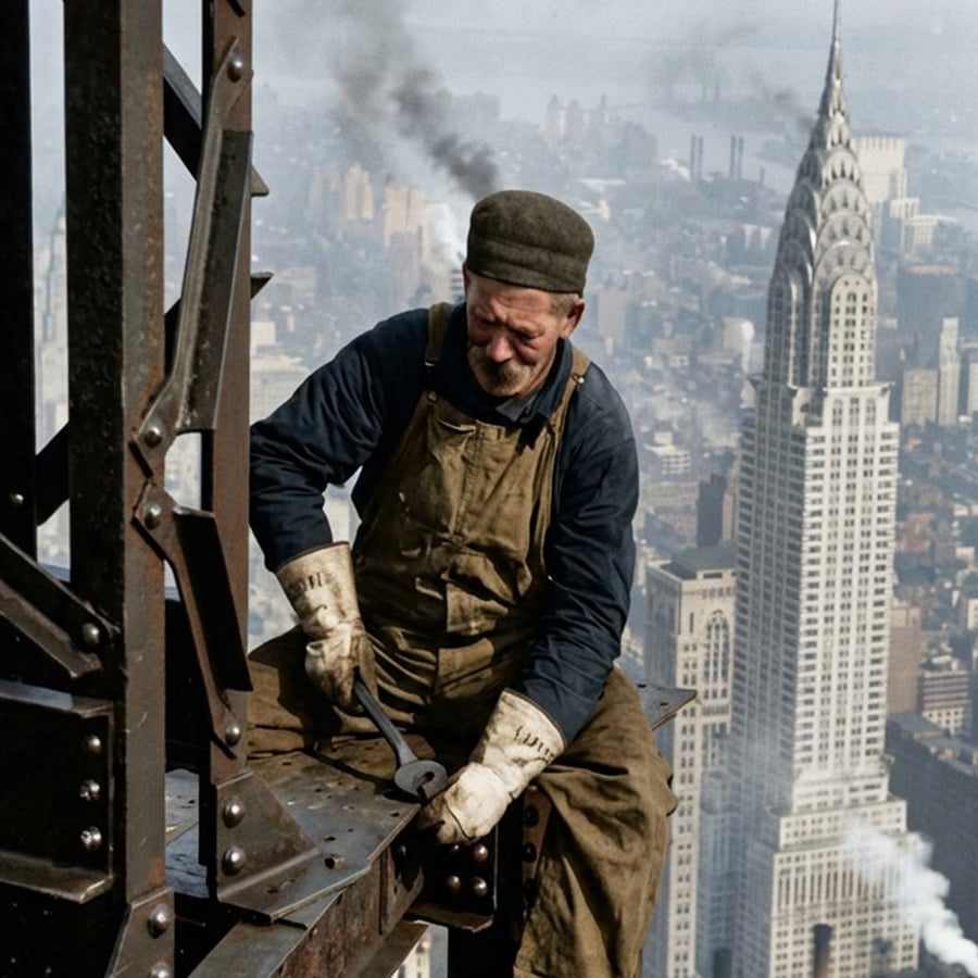 A construction worker in overalls and gloves secures a steel beam high above New York City, with the Chrysler Building and cityscape visible in the background.