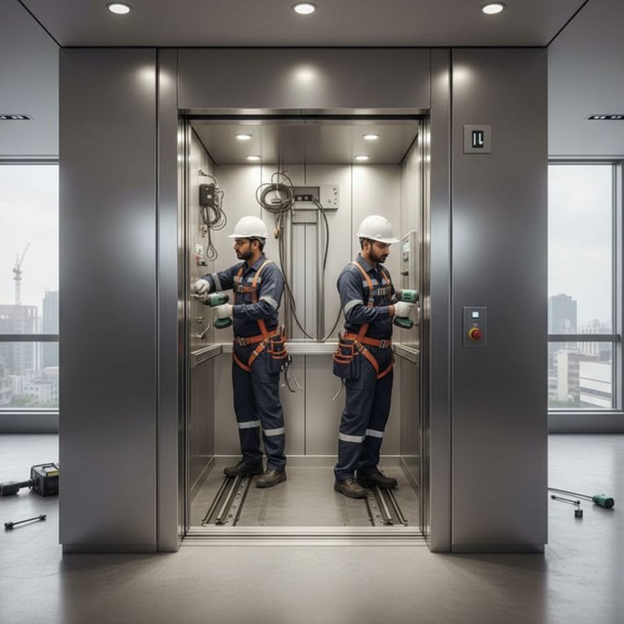 Two workers in safety gear stand inside a modern elevator, inspecting wiring and controls. Tools are scattered on the floor, and large windows show a cityscape in the background.