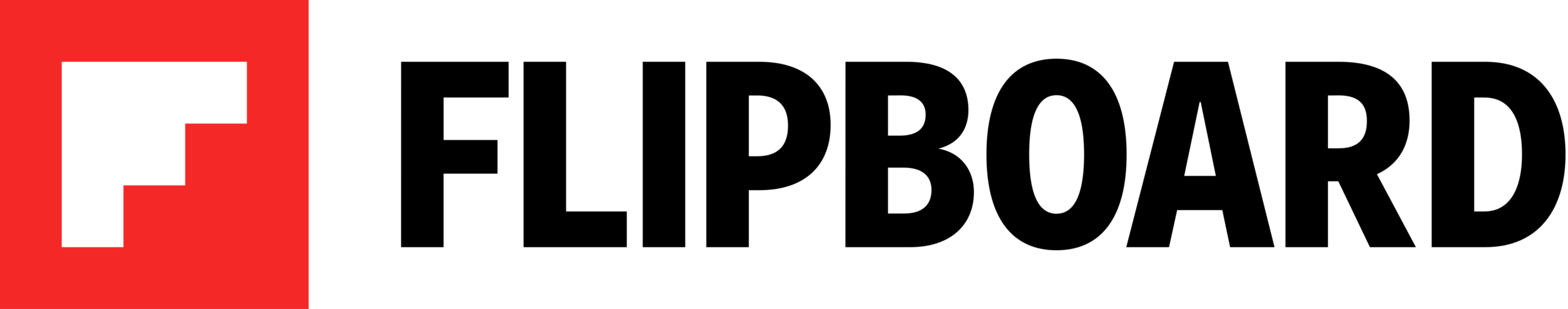 Flipboard logo featuring a bold white "F" on a red square next to the word "FLIPBOARD" in large black capital letters on a light gray background.