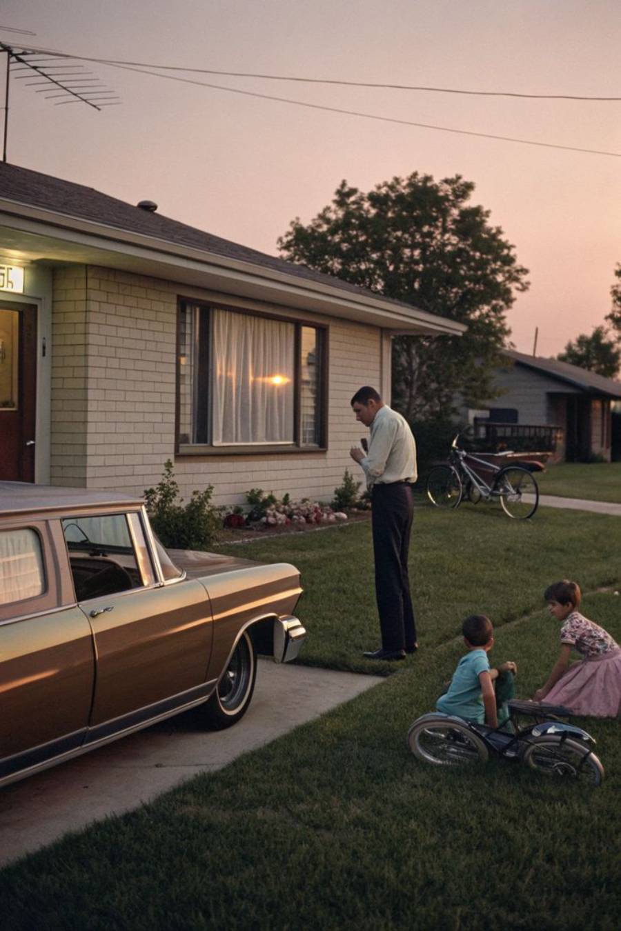 A man stands smoking outside a house at dusk, near a parked station wagon. Two children sit on the grass by a fallen bicycle, with another bicycle leaning against a neighboring house.