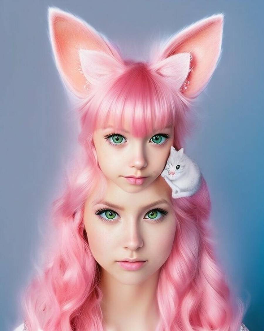 A girl with long pink hair, cat ears, and green eyes has a second smaller face on her forehead. A tiny white cat sits beside the smaller face. The background is a plain blue-gray.