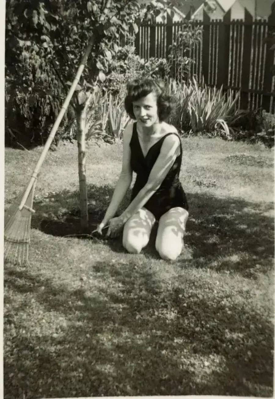 A woman kneels on the grass near a young tree, holding gardening tools, with a rake leaning against the tree in a sunny backyard. A fence and plants are visible in the background. The photo is black and white.