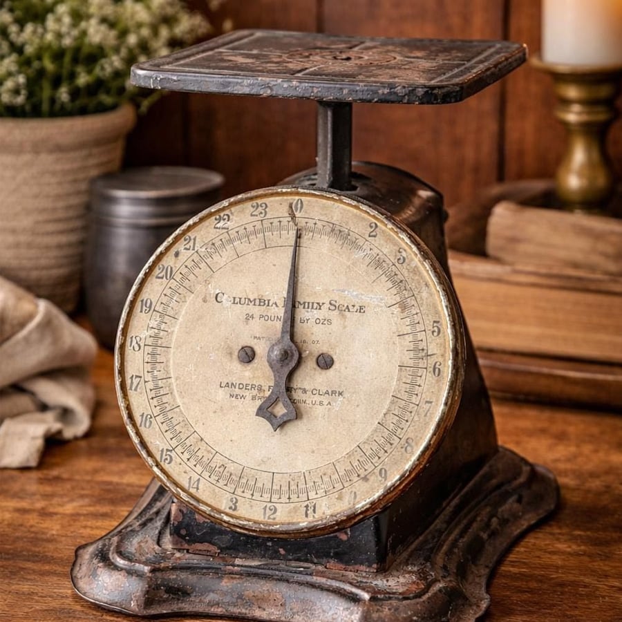 A vintage Columbia Family Scale with a weathered face and rusted metal base sits on a wooden surface beside stacked books and a potted plant.