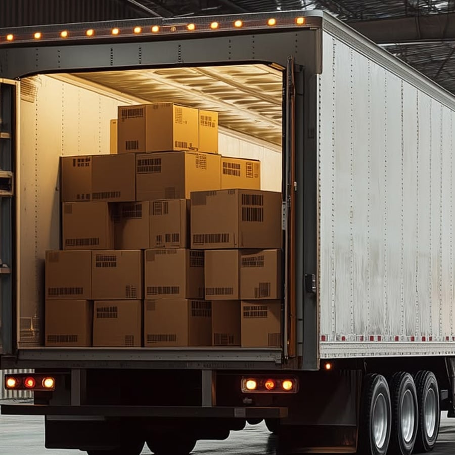 A semi-truck trailer is parked in a warehouse with its back door open, revealing stacks of cardboard boxes inside.
