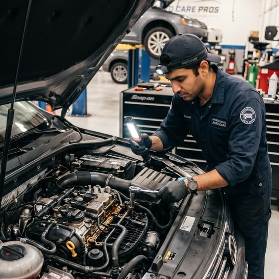 A mechanic in uniform and a cap uses a flashlight and a tool while inspecting the engine of a car in an auto repair shop. The car's hood is open, and repair equipment is visible in the background.