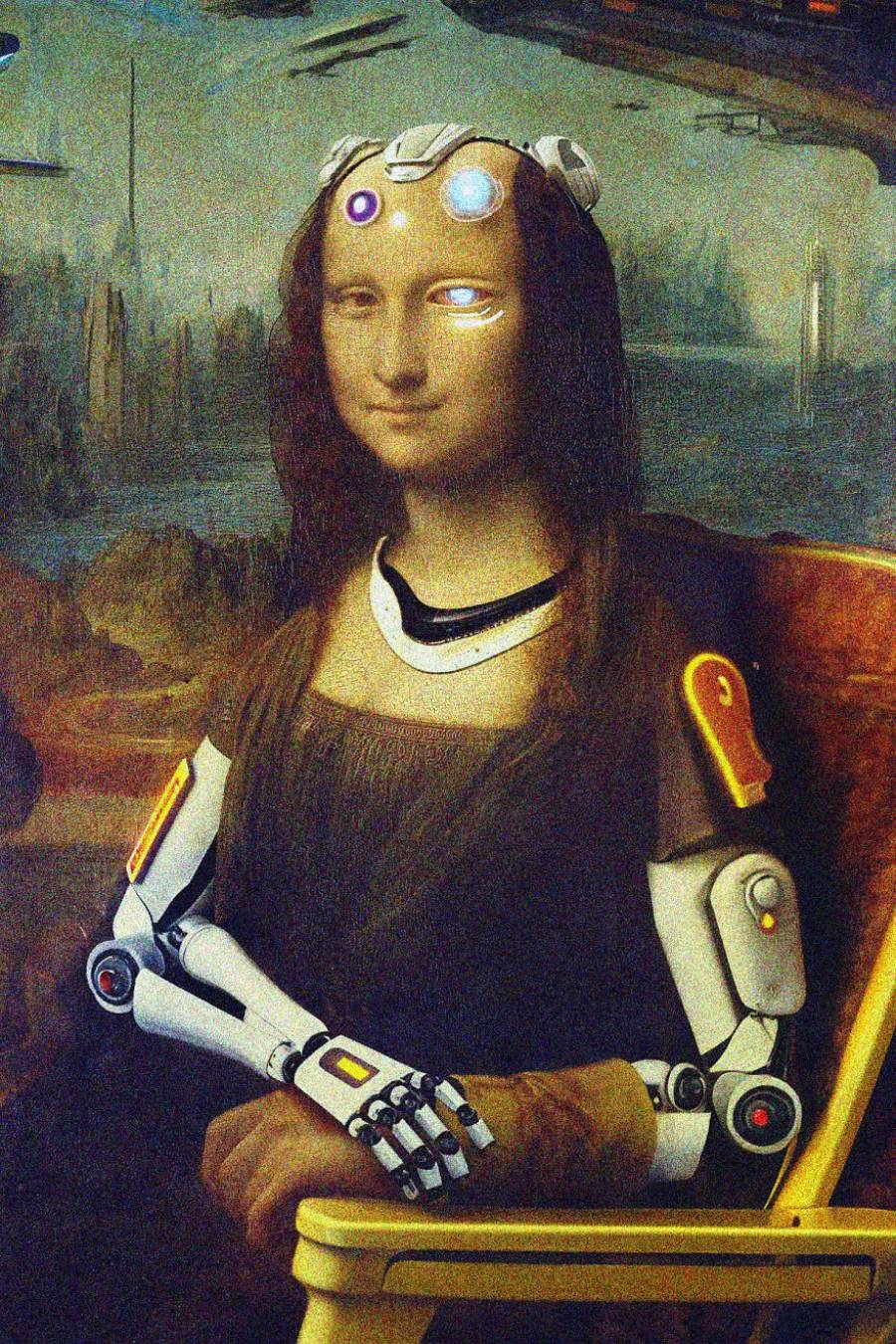 A futuristic version of the Mona Lisa with robotic arms and glowing mechanical features on her head, blending classical art with sci-fi elements.
