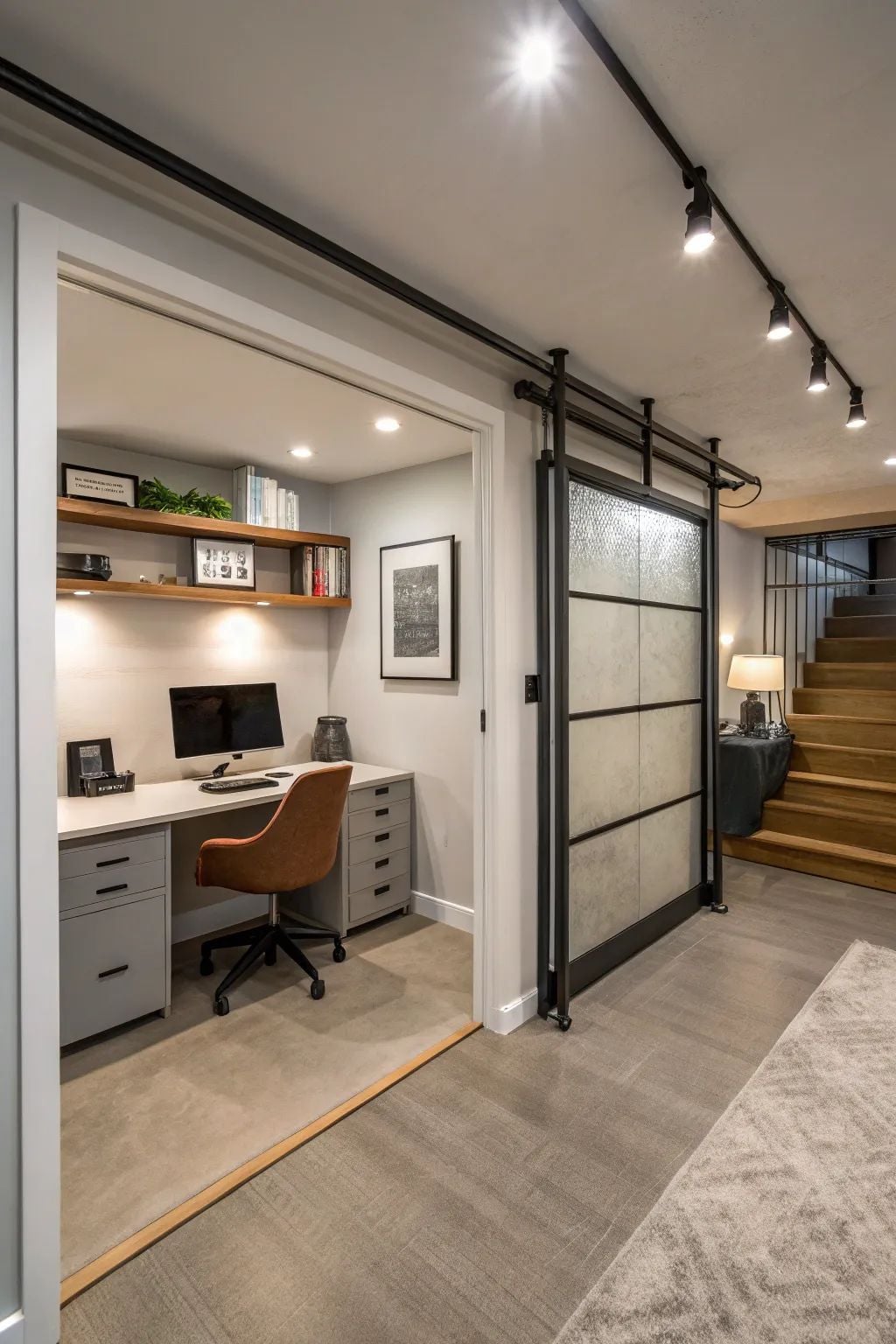Modern home office nook with a desk, computer, and brown chair, separated from a hallway by a sliding glass barn door. Built-in shelves with books and decor are above the desk; stairs are visible in the background.