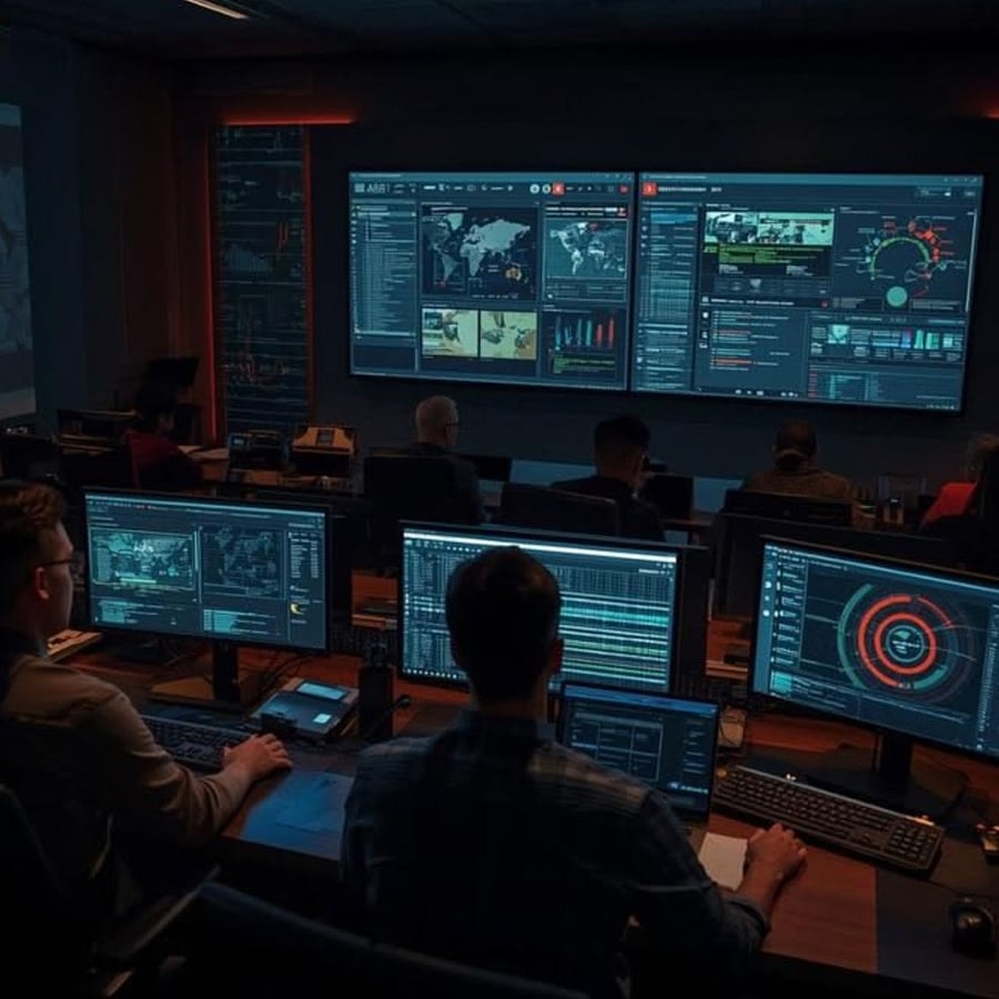 People work at computer stations in a dimly lit control room, analyzing multiple screens displaying maps, charts, and data visualizations on global monitoring and cybersecurity operations.