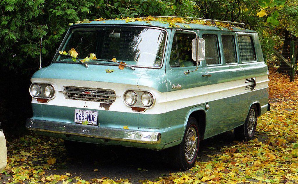 A vintage two-tone blue and white van is parked outdoors, covered in yellow autumn leaves, surrounded by trees and foliage.