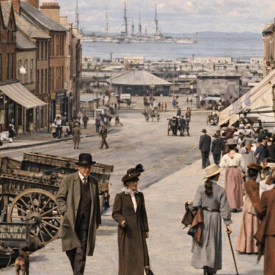 People in period clothing walk down a busy street toward a harbor with large ships. Horse-drawn carts and market stalls line the road, and brick buildings are visible on the left. The scene depicts a bustling port city.
