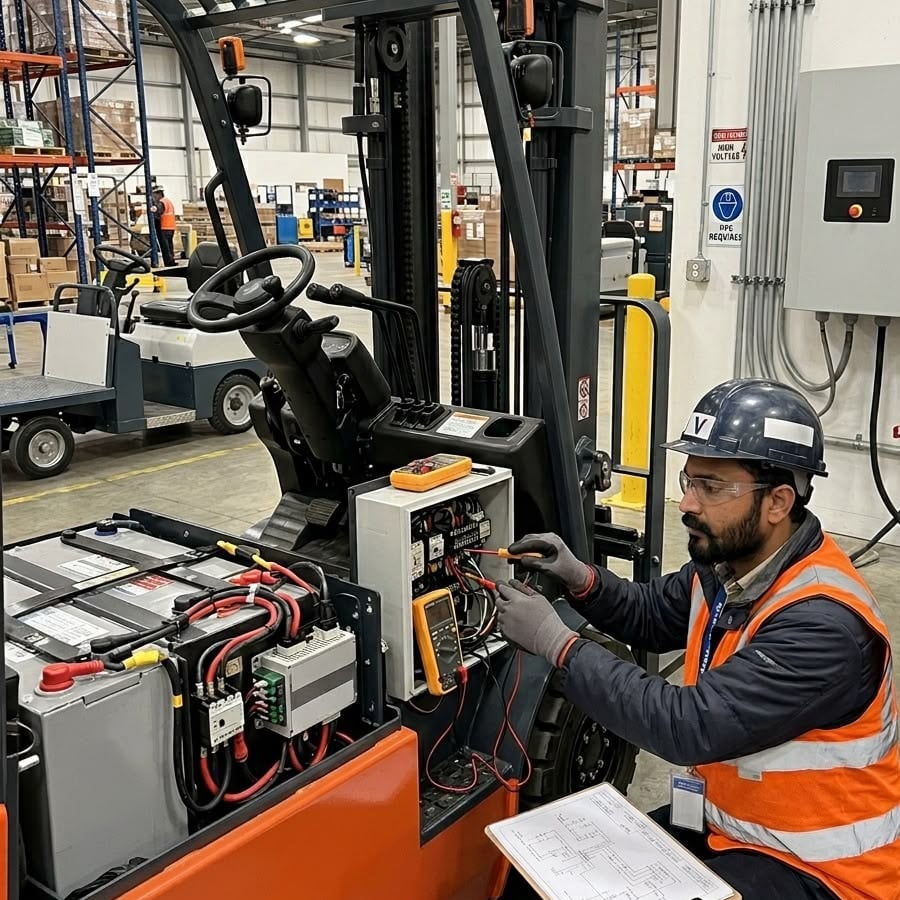 A technician in safety gear uses tools to check electrical components on a forklift inside a warehouse, with schematics in hand and equipment visible around.