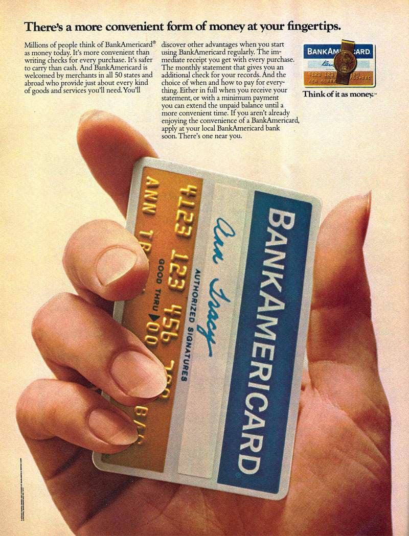 A hand holds a blue and white BankAmericard credit card with gold numbers and an embossed name, next to an ad explaining the convenience of using credit cards for purchases.