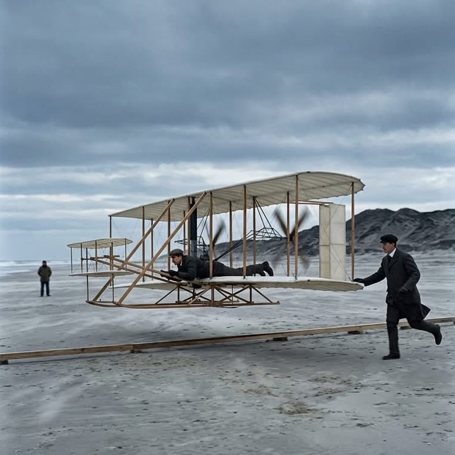 A vintage airplane lifts off from a sandy beach, with one man piloting and another running beside it. Two more figures stand in the background, under a cloudy sky.