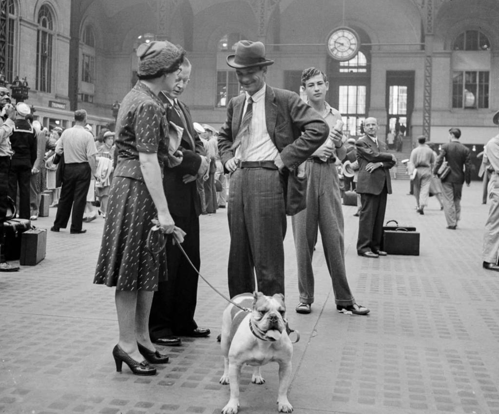 A woman and two men stand in a busy train station with a bulldog on a leash. People and luggage are visible in the background, and a large clock hangs on the wall.
