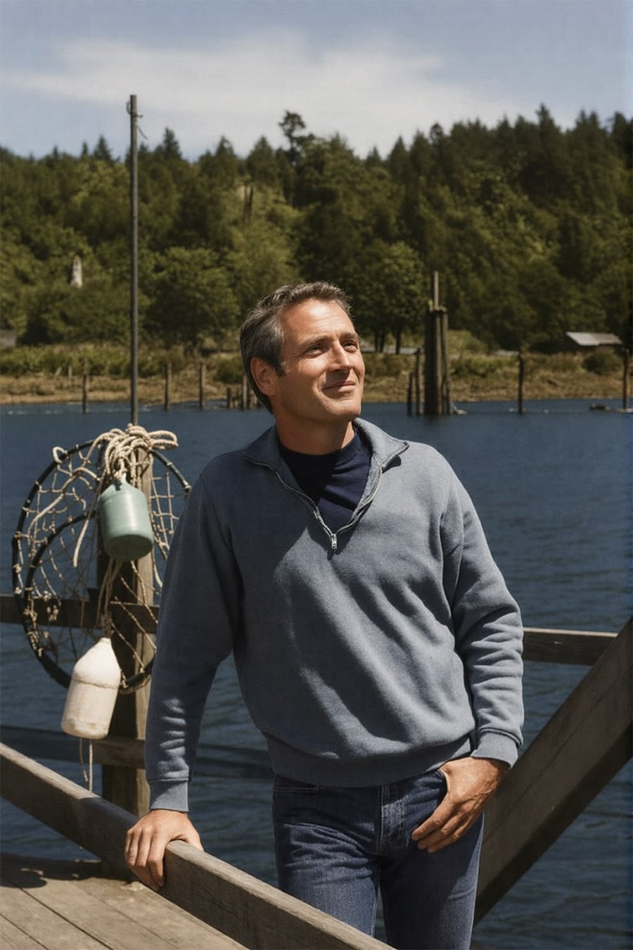 A man in a blue sweater stands on a wooden dock by the water, smiling and looking into the distance, with green trees and fishing gear in the background.