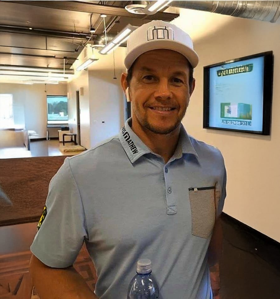 A man in a light blue polo shirt and white cap smiles indoors, holding a water bottle. There is a TV screen with graphics and text behind him and modern office decor in the background.
