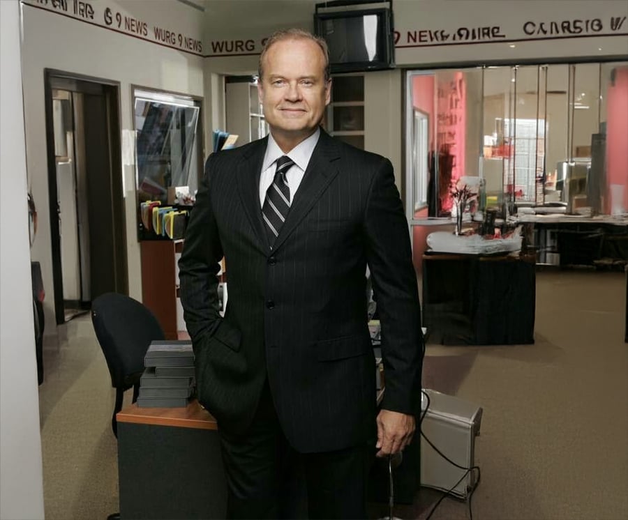 A man in a dark suit stands confidently in a modern office with glass walls, desks, computers, and stacks of paper around him. He is smiling and looking at the camera.