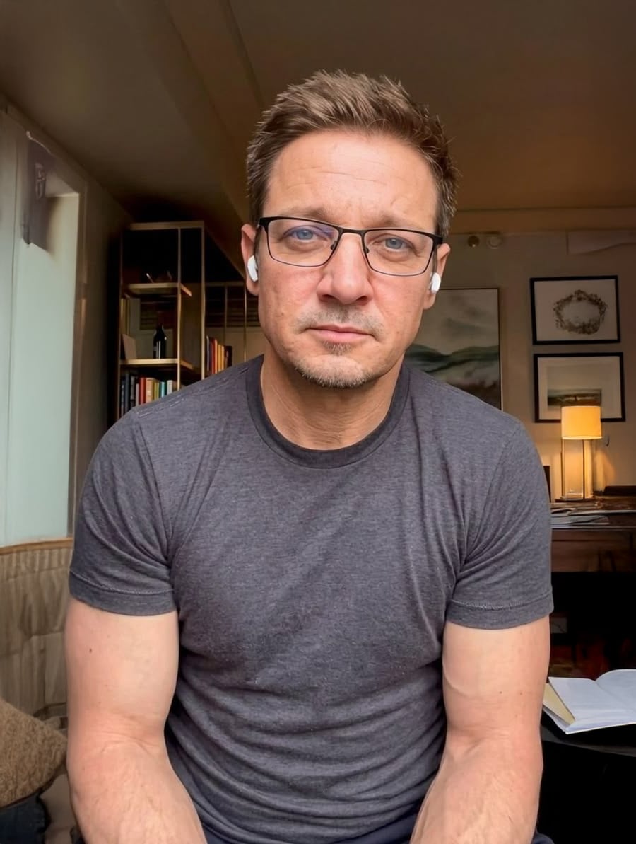 A man with short brown hair, glasses, and earbuds sits indoors in a gray t-shirt, looking at the camera. Bookshelves, framed art, and a notebook are visible in the background.