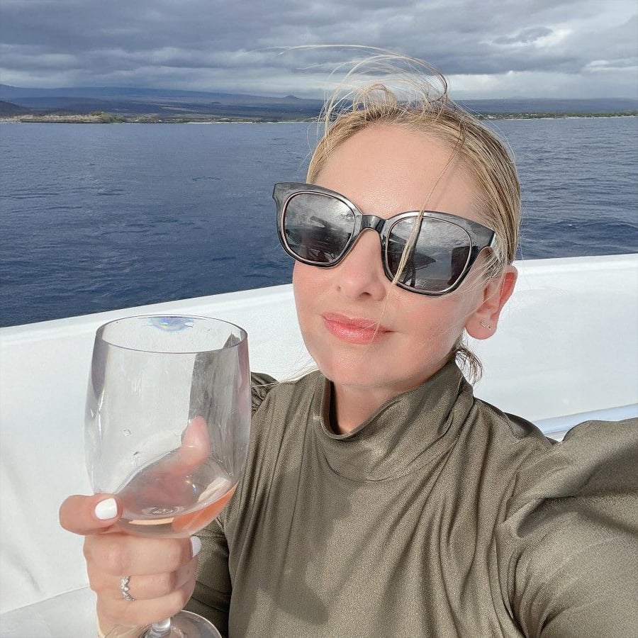 A woman wearing sunglasses and a metallic top holds a glass of rosé while sitting on a boat. The ocean and a distant coastline are visible behind her under a cloudy sky.