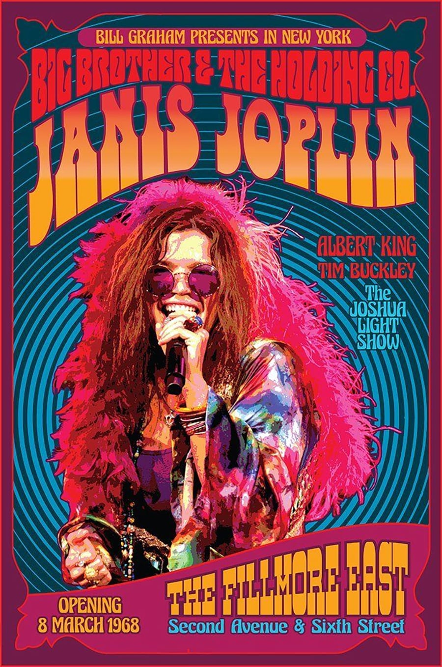 Psychedelic concert poster of Janis Joplin singing on stage, wearing sunglasses and colorful clothes, with wavy red and yellow text promoting a 1968 Fillmore East show featuring Big Brother & the Holding Co., Albert King, and Tim Buckley.