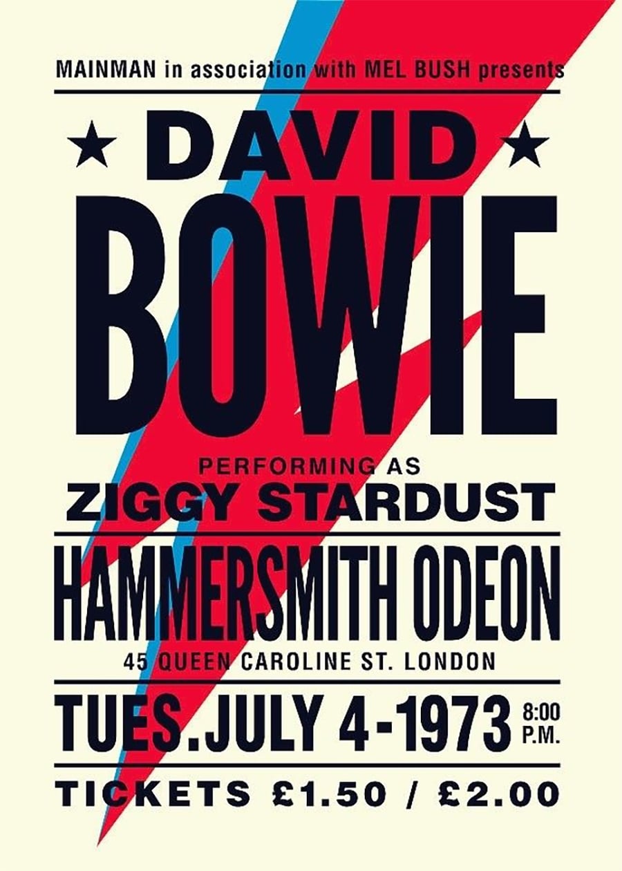 Poster for a David Bowie concert as Ziggy Stardust at Hammersmith Odeon, London, on July 4, 1973. The poster features bold text and a red and blue lightning bolt graphic. Ticket prices £1.50 and £2.00.