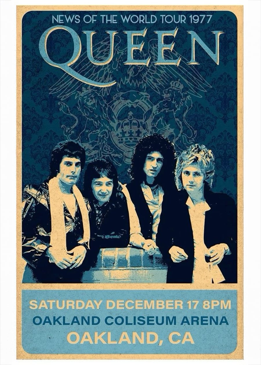 Vintage-style poster for Queen’s “News of the World Tour 1977,” featuring the four band members. Concert date: Saturday, December 17, 8 PM at Oakland Coliseum Arena, Oakland, CA.