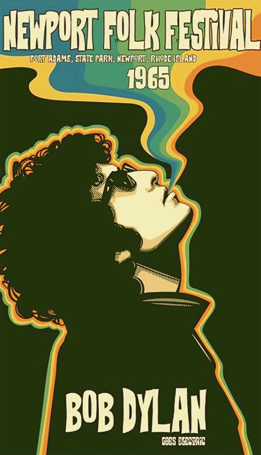 Poster for the 1965 Newport Folk Festival featuring a stylized side profile of Bob Dylan with colorful, wavy lines, and text announcing "Bob Dylan Goes Electric" at Fort Adams, Rhode Island.