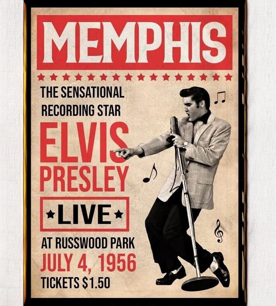A vintage poster advertises Elvis Presley live in Memphis at Russwood Park on July 4, 1956. Elvis holds a microphone and performs energetically. Tickets cost $1.50. Bold red, yellow, and black text stands out against a light background.