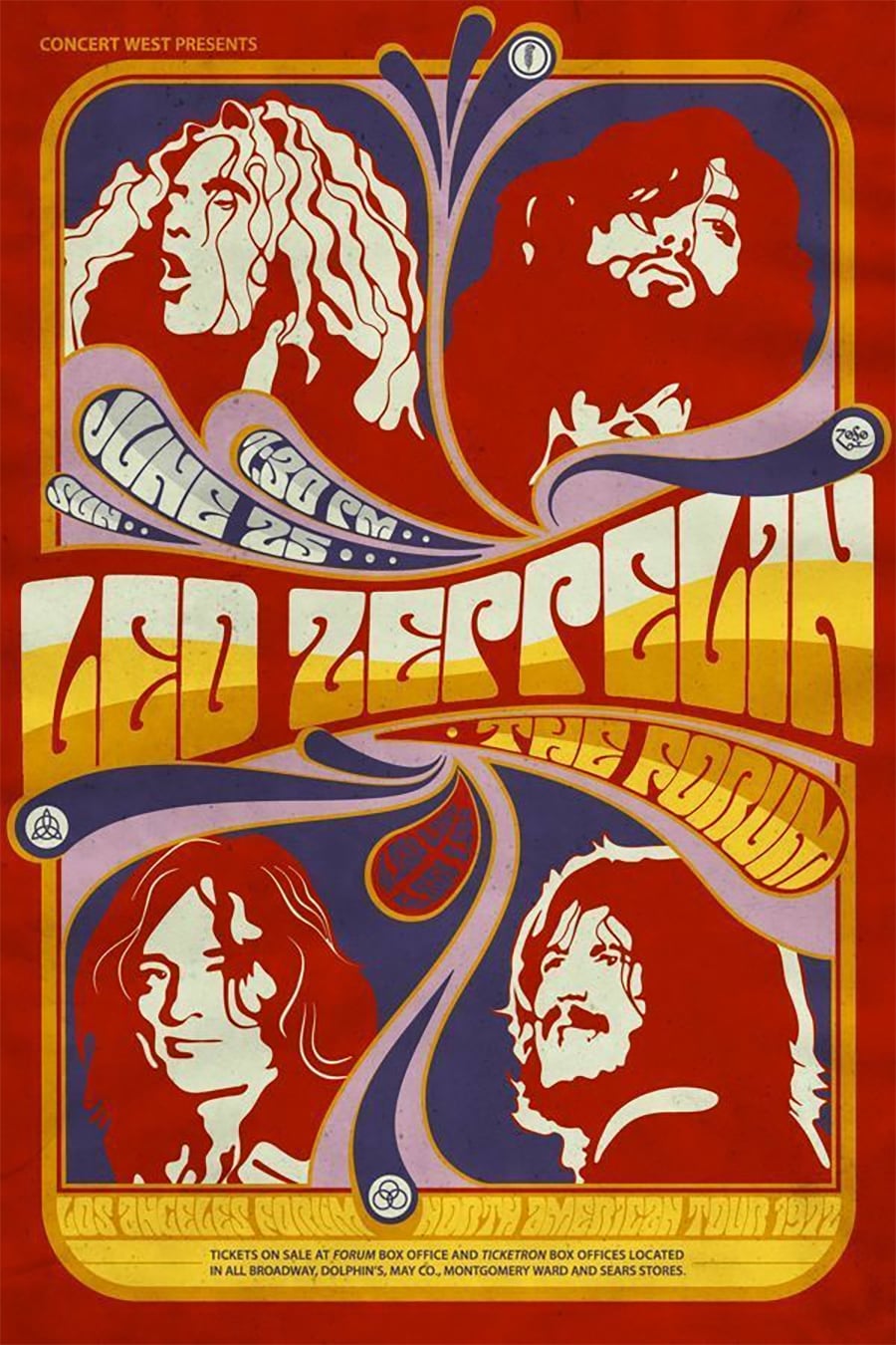 Psychedelic concert poster with swirling red, purple, and yellow graphics featuring illustrated portraits of Led Zeppelin band members and bold text promoting a show at The Forum on June 23, 1977.