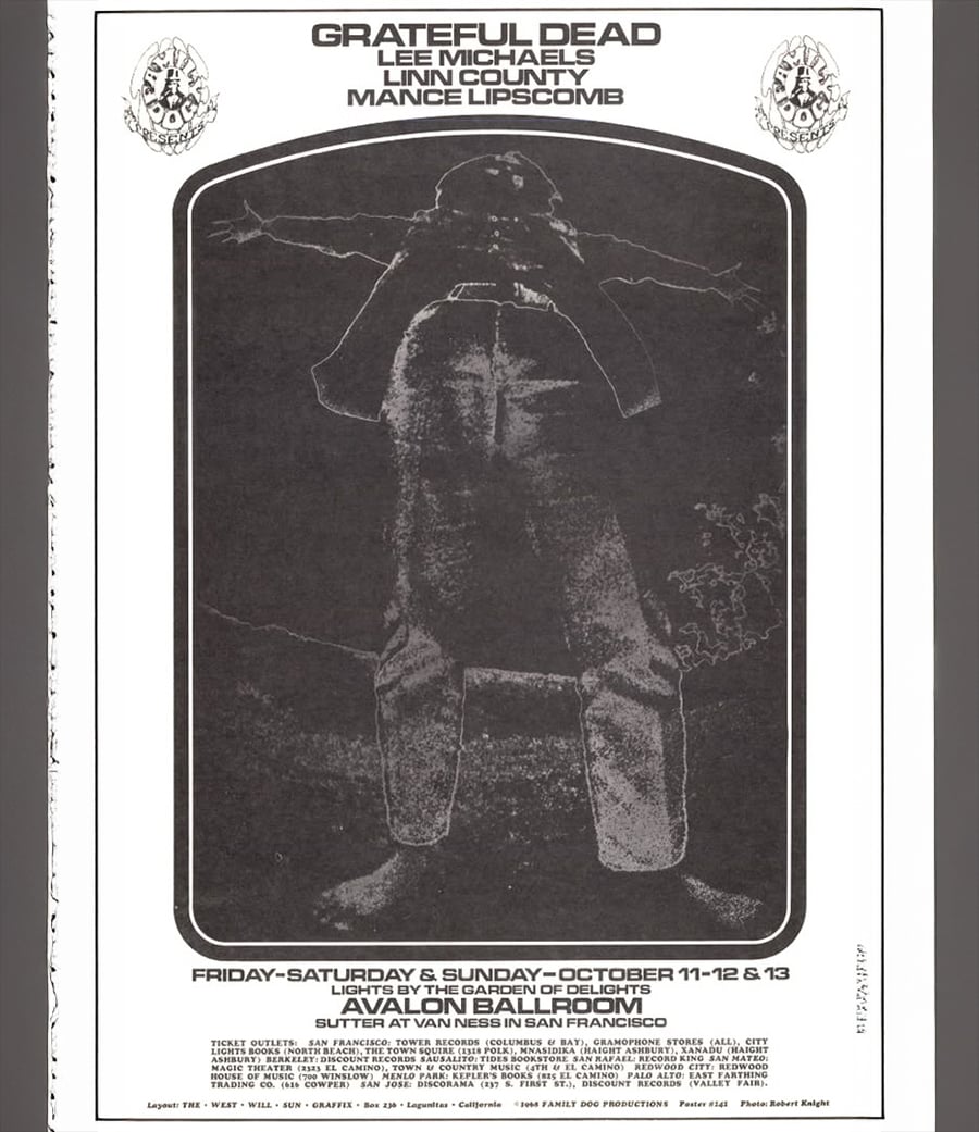 Black and white concert poster for Grateful Dead, Lee Michaels, Linn County, and Mance Lipscomb at Avalon Ballroom, featuring a stylized image of a person’s jeans and jacket from behind; event details below.