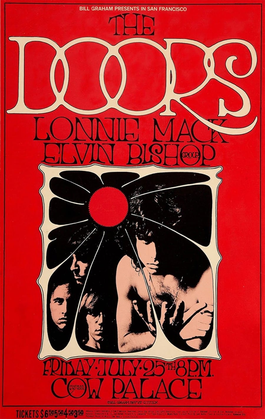 Psychedelic poster with "The Doors" in large decorative letters, black-and-white photo of band members, and event details in ornate fonts. Red background with a sunburst design. Concert date: Friday, July 25, 8 P.M. at Cow Palace.