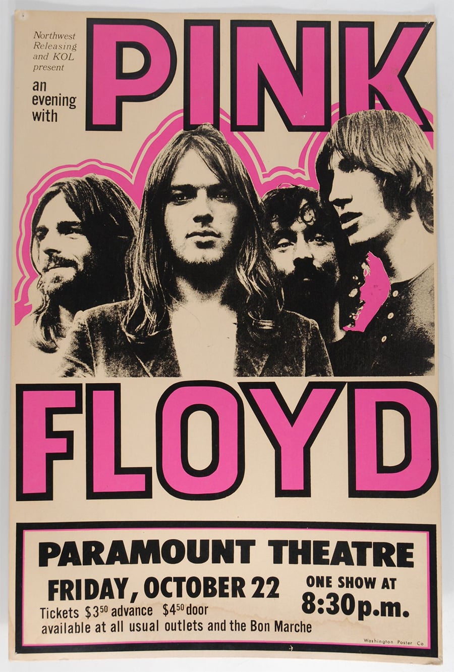 Vintage concert poster for Pink Floyd featuring a black and white photo of the band with bold pink text. Details include "Paramount Theatre," "Friday, October 22," and showtime at 8:30 p.m.