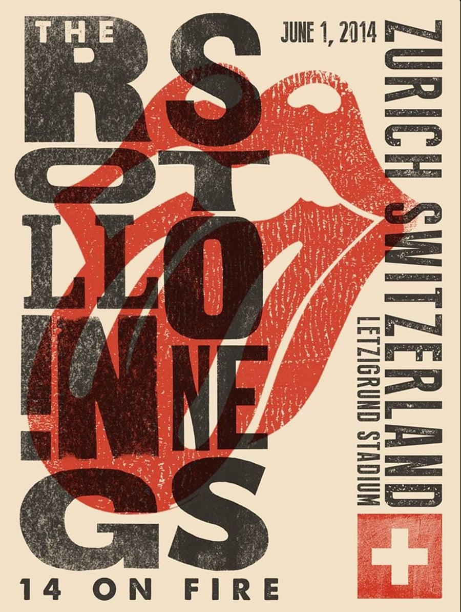 Concert poster with a red Rolling Stones tongue logo in the center, bold black text reading "THE ROLLING STONES 14 ON FIRE," and event details: June 1, 2014, Zurich, Switzerland, Letzigrund Stadium, with a Swiss flag icon.