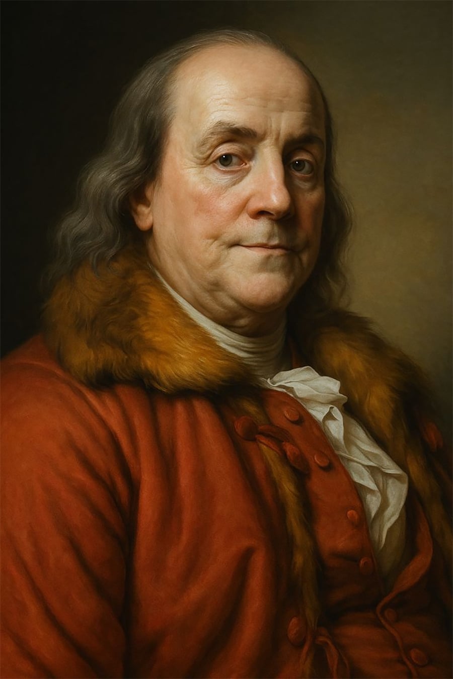 A man with long gray hair wears a red coat with a fur collar and a white shirt, posing for a classic painted portrait against a dark background.