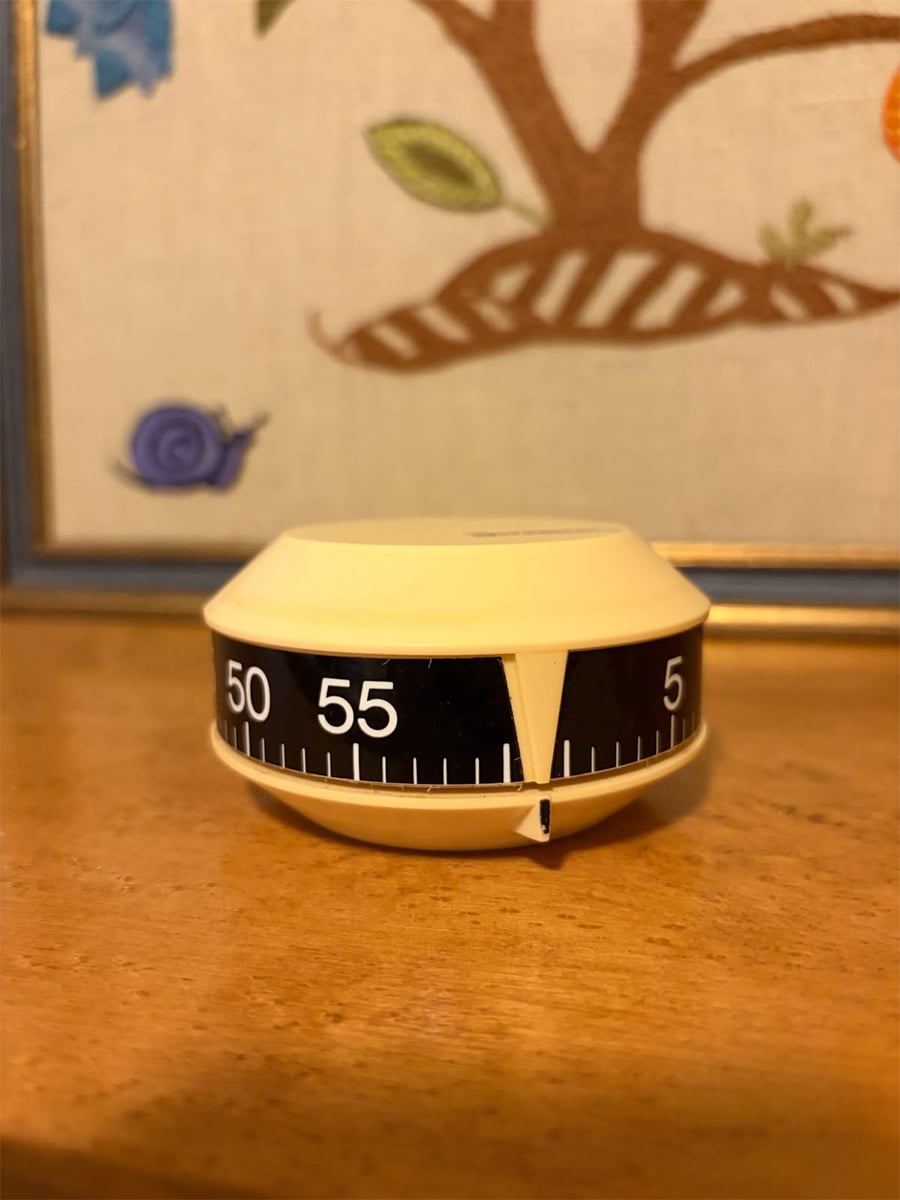 A yellow kitchen timer set to about 56 minutes sits on a wooden surface, with an embroidered fabric featuring a tree, leaves, and a blue snail in the background.