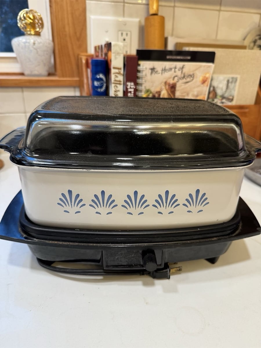 A vintage electric roaster with a white base, blue fan-shaped designs, black handles, and a black lid sits on a kitchen counter near cookbooks and utensils.