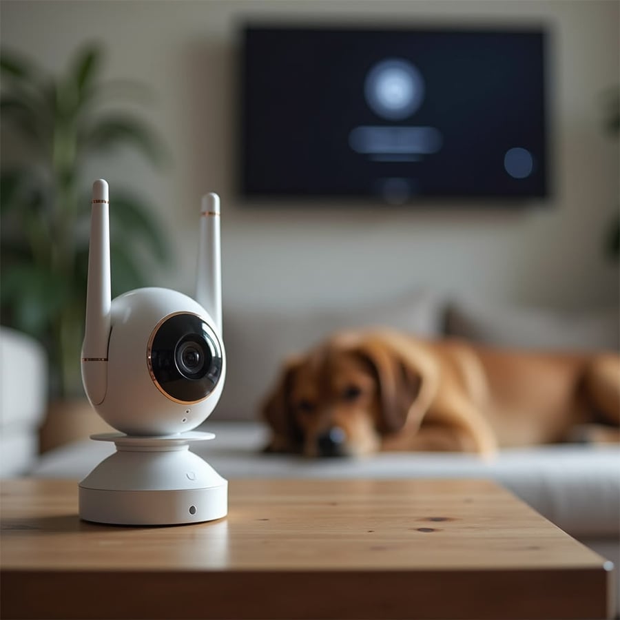 A white security camera sits on a wooden table, with a brown dog lying on a couch and a TV mounted on the wall in a blurred background.