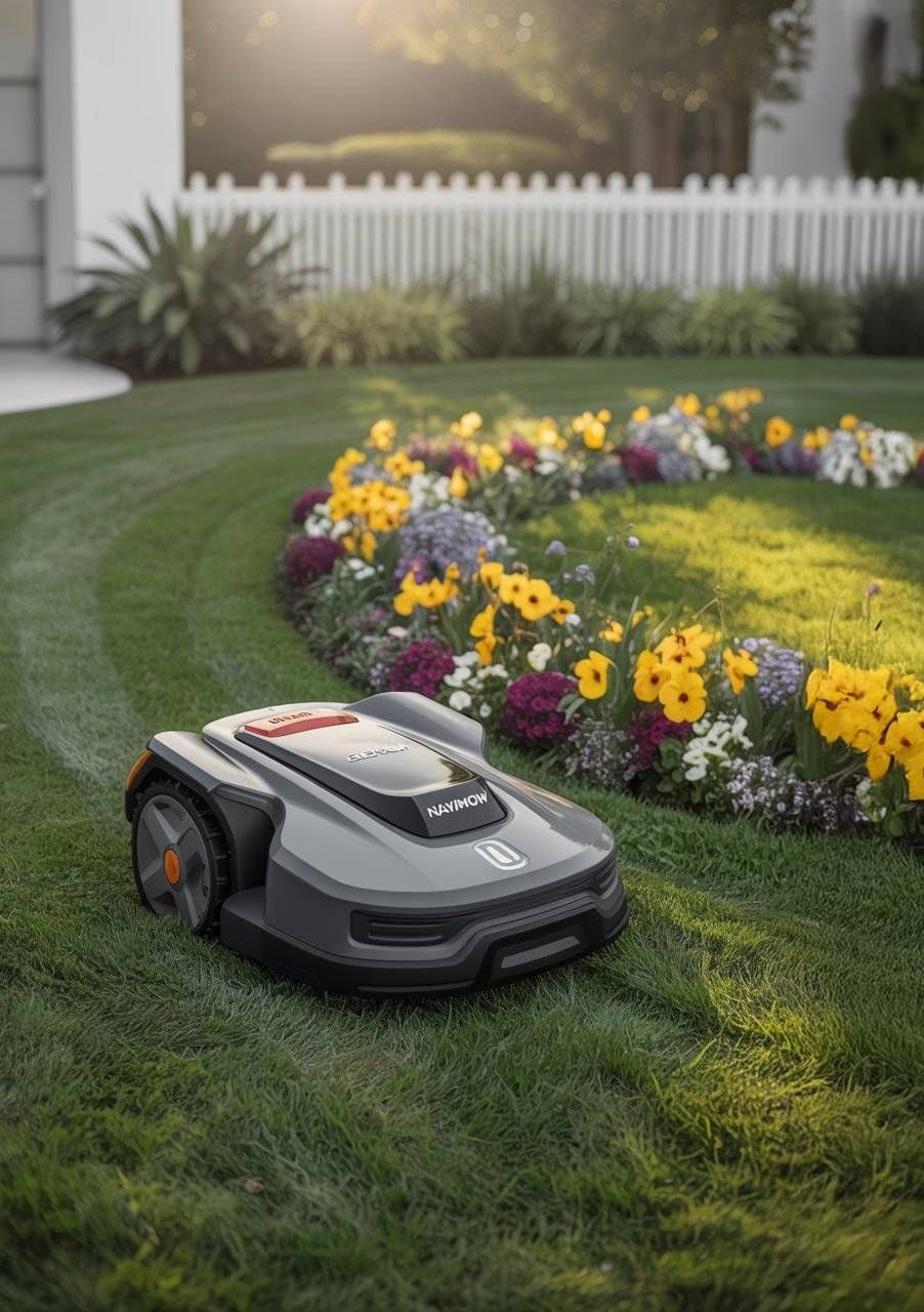 A robotic lawn mower trims grass near a vibrant flower bed in a neatly landscaped yard with a white picket fence and trees in the background.