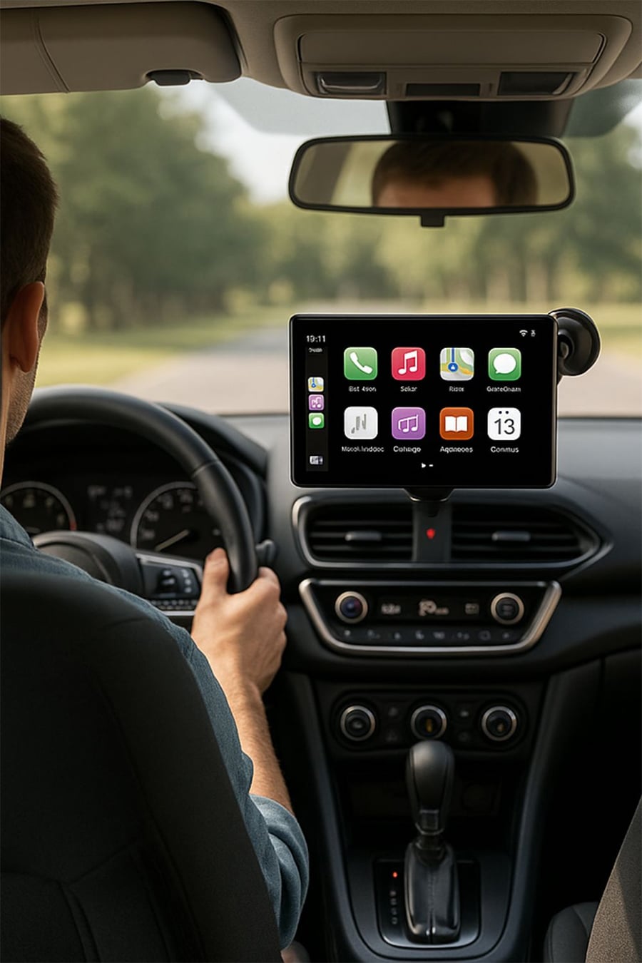 A person drives a car with a large touchscreen display showing navigation, music, and phone apps. Trees and road are visible outside the windshield.