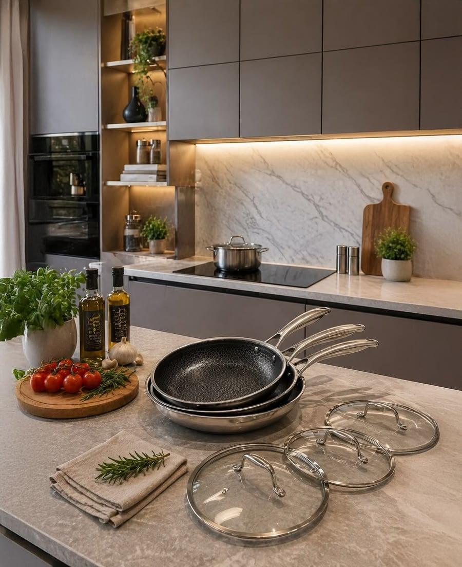 A modern kitchen features stacked frying pans with lids on a marble countertop, fresh herbs, tomatoes, and bottles of olive oil. Shelves and cabinets line the wall in the background.