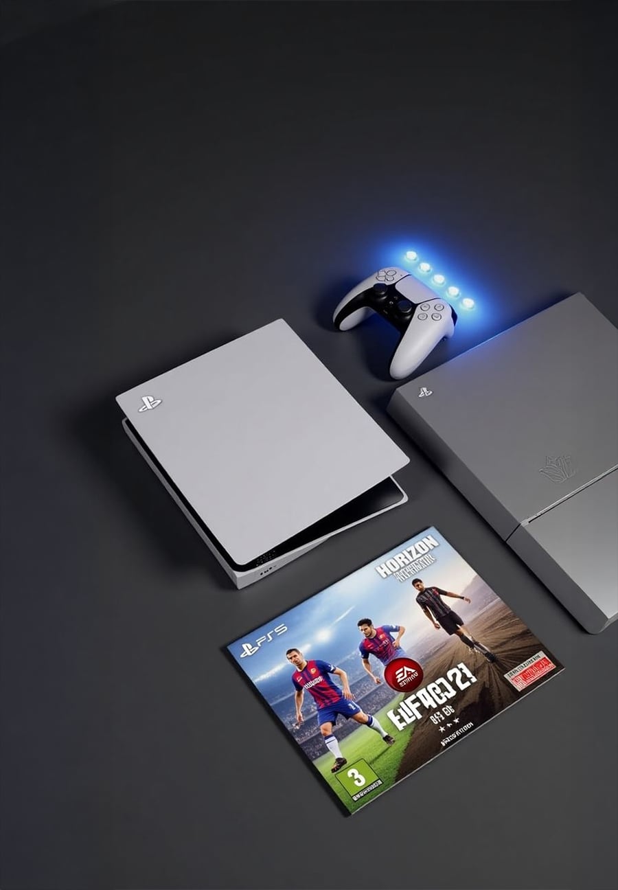 A PlayStation 5 console, a controller with blue lights, and the FIFA 21 game case are arranged on a dark surface.