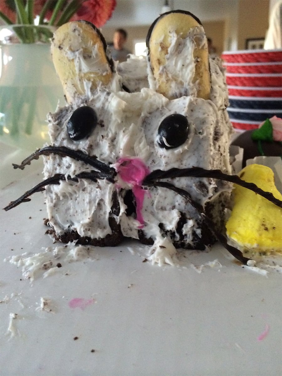 A homemade bunny cake with white frosting, cookie ears, black candy eyes, licorice whiskers, and a yellow marshmallow chick on the side. Pink icing is on its mouth.