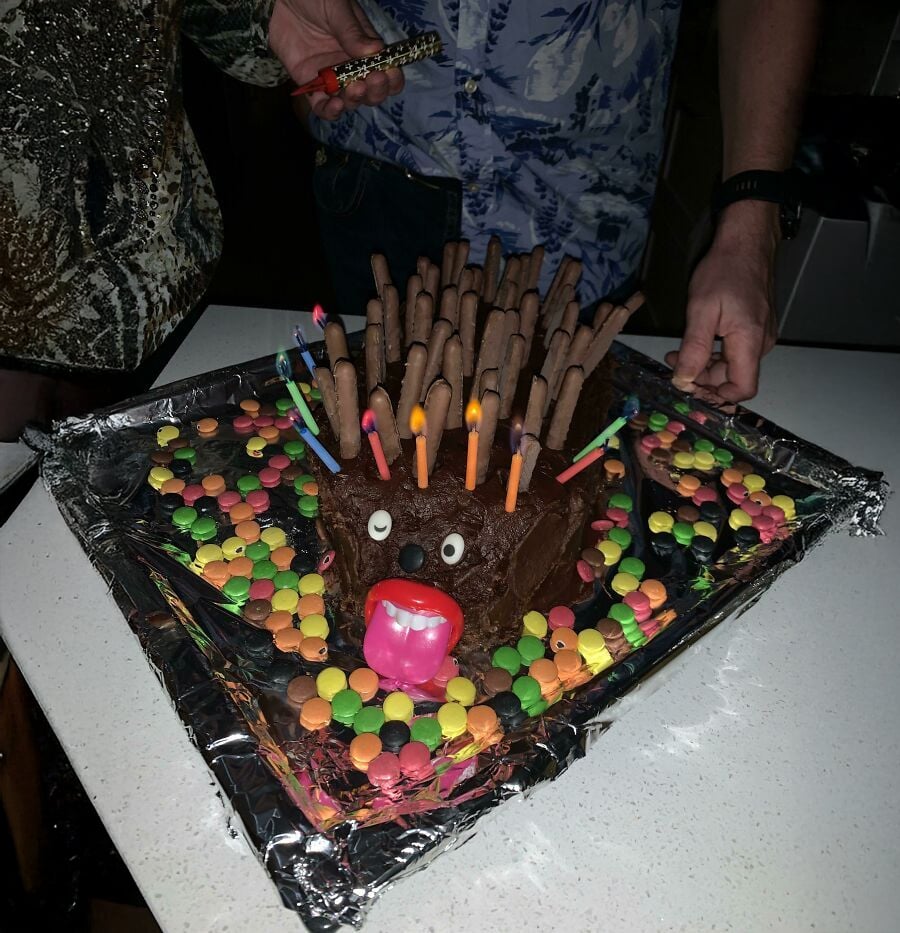 A hedgehog-shaped chocolate cake with candy sticks as spikes, colorful candies around it, and lit candles on top. Two people are standing nearby, one wearing a patterned shirt, the other a blue-patterned shirt.