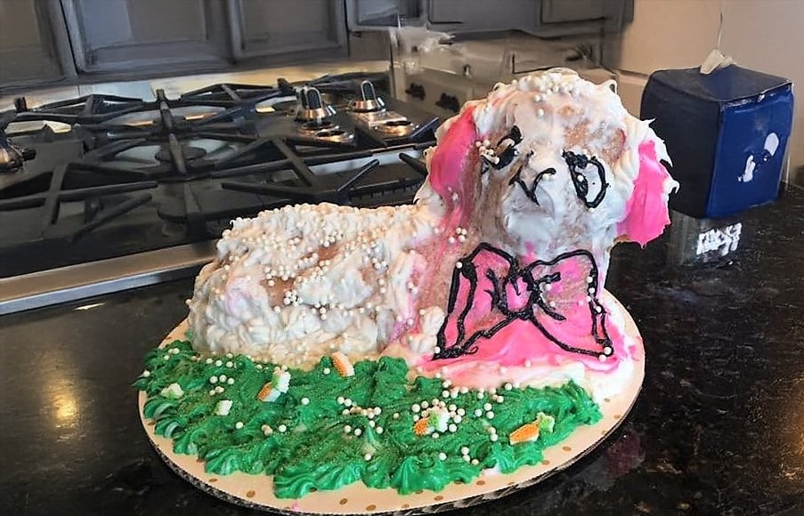 A lumpy homemade cake decorated to resemble a dog, with white icing, pink ears, a large pink bow, and candy sprinkles, set on a green-iced patch in a kitchen near a stove.