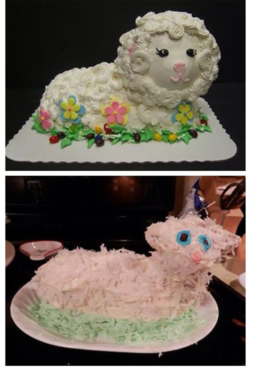 Two lamb-shaped cakes: the top is neatly decorated with white icing, flowers, and a cute face; the bottom has messy white icing, blue eyes, and green grass-like coconut, resembling a baking attempt gone wrong.