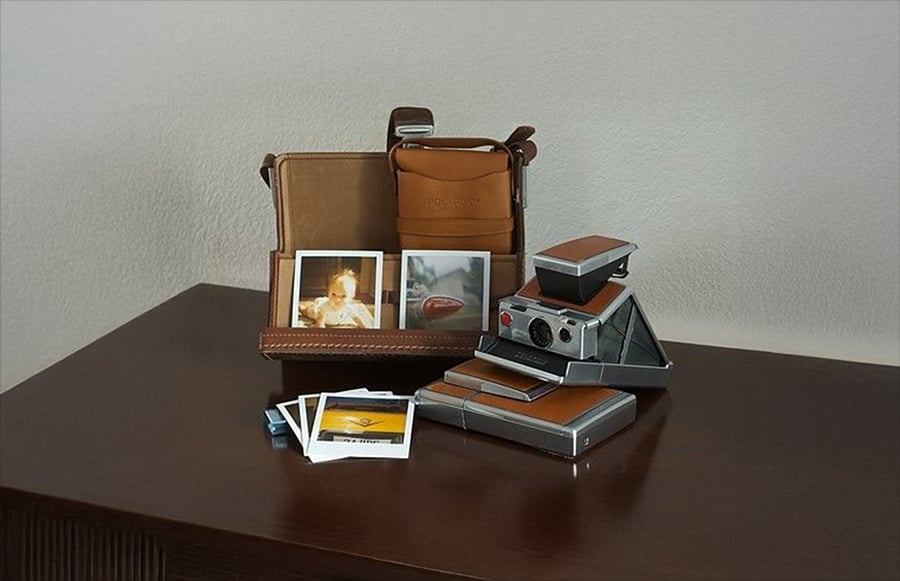 A vintage Polaroid camera, several instant photos, and a brown leather camera case are displayed on a dark wooden table against a plain light-colored wall.