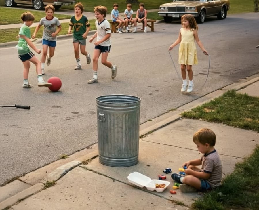 Children play kickball and jump rope on a suburban street as a young boy sits alone on the sidewalk, playing with toy cars near an open food container and a metal trash can. A brown car is parked in the background.