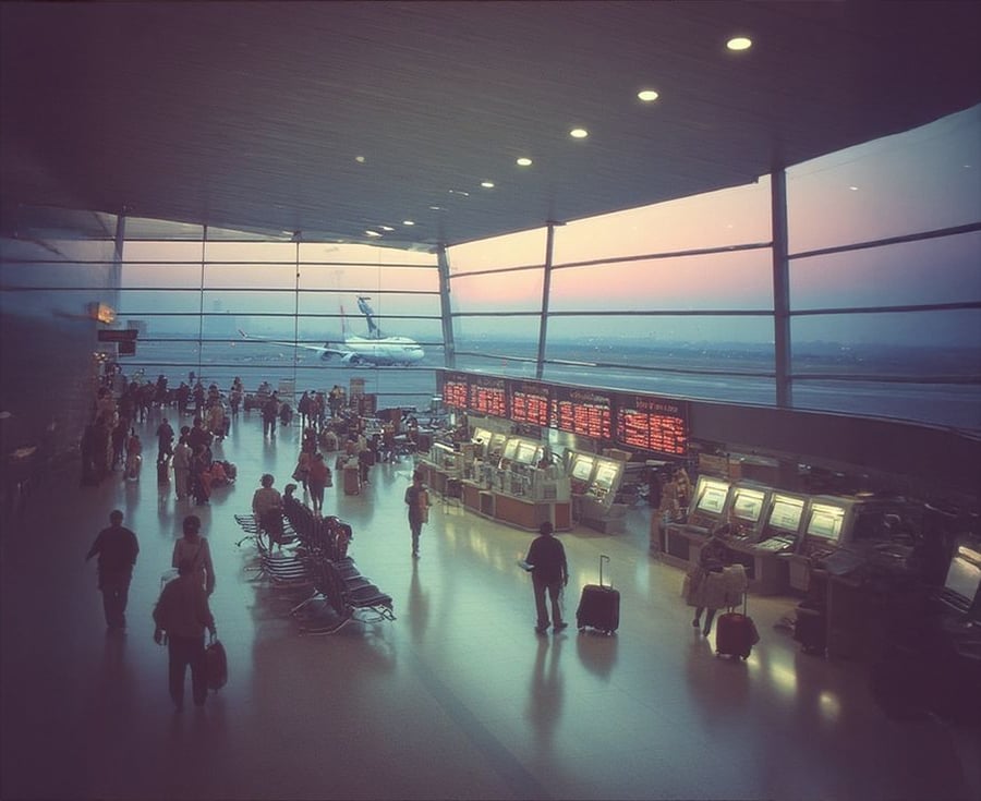 Passengers with luggage walk through a spacious airport terminal at dusk. Large windows reveal airplanes outside, while electronic boards and check-in kiosks line the area. Soft lighting creates a calm atmosphere.