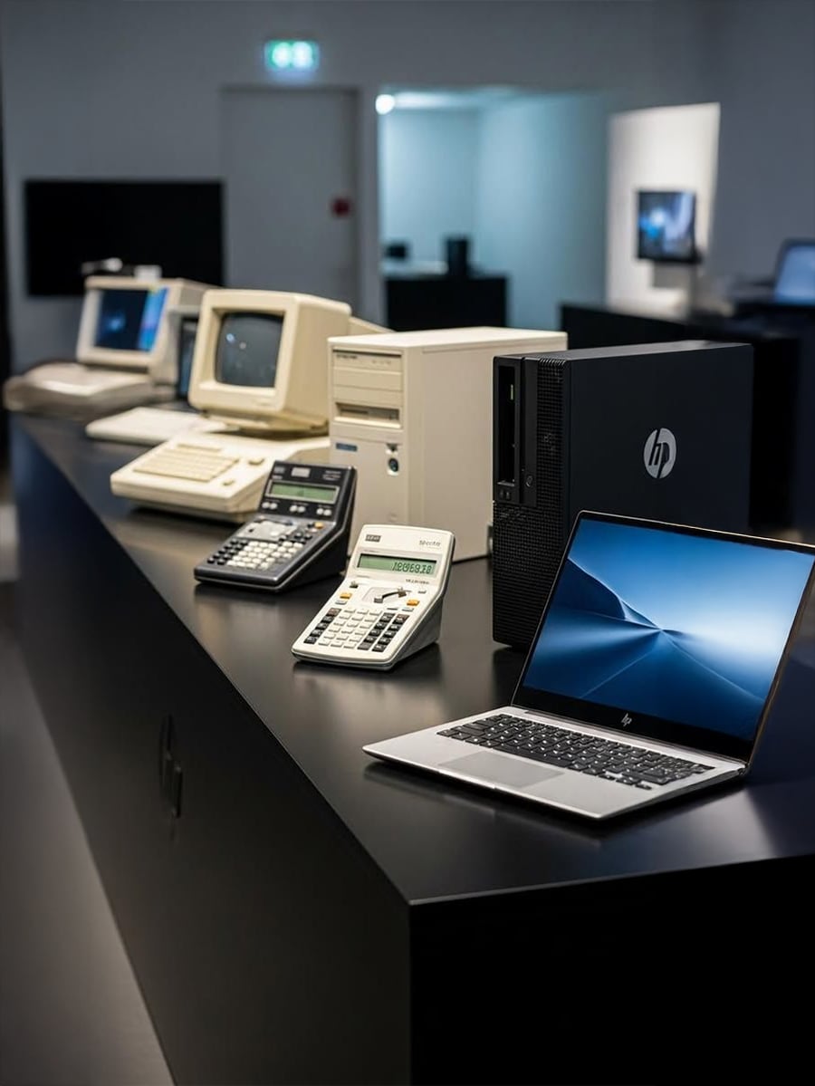 A row of vintage to modern computers and calculators is displayed on a black table in a well-lit room, showcasing the evolution of technology over time.