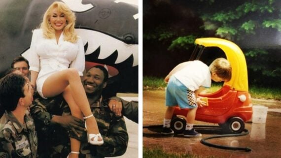 Left: Woman in white dress is held by smiling soldiers in front of aircraft. Right: Young boy washes a red and yellow toy car with a hose on a sunny day.